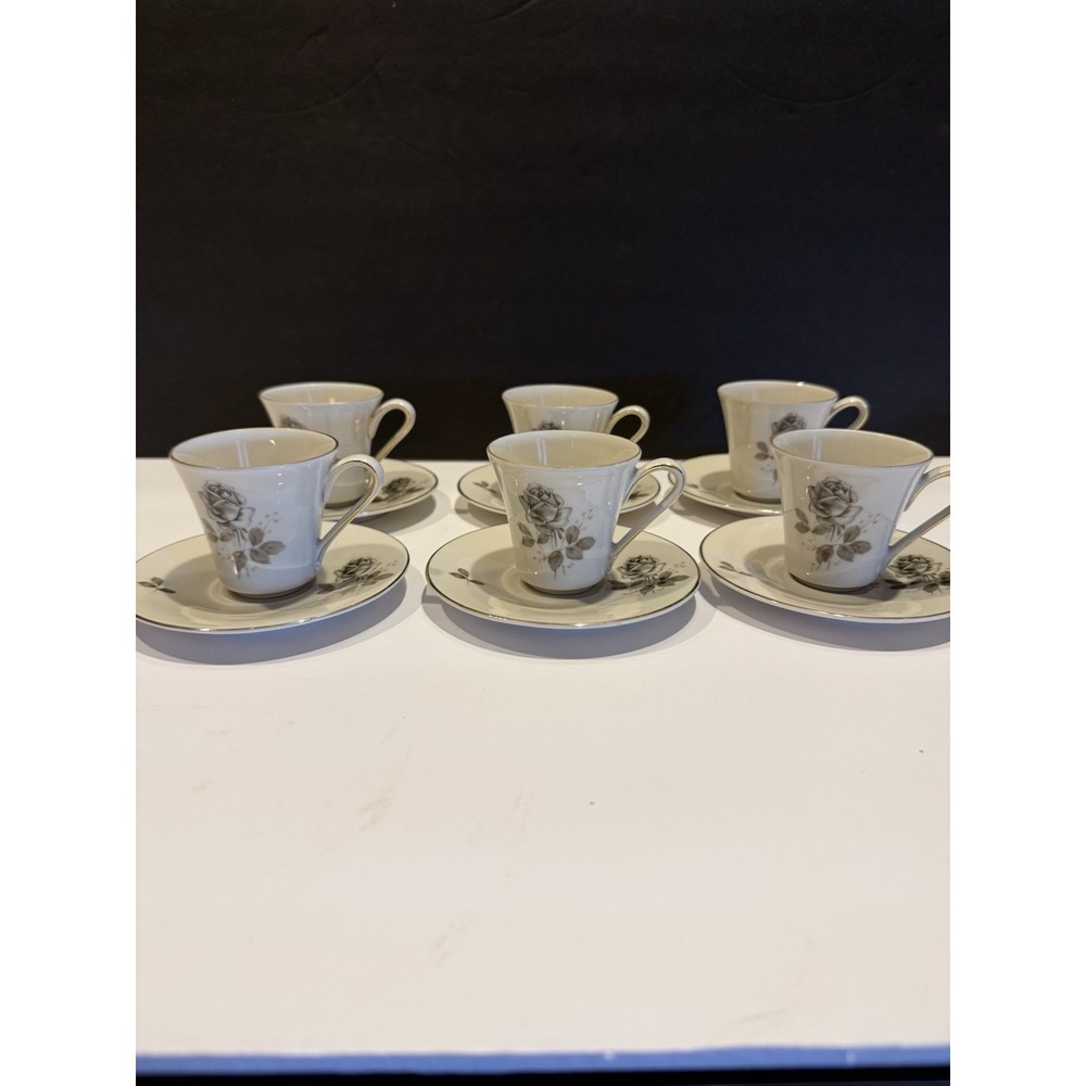 Vintage Zeh Scherzer Bavaria Demitasse Cups Saucers Set 6 Gray Rose